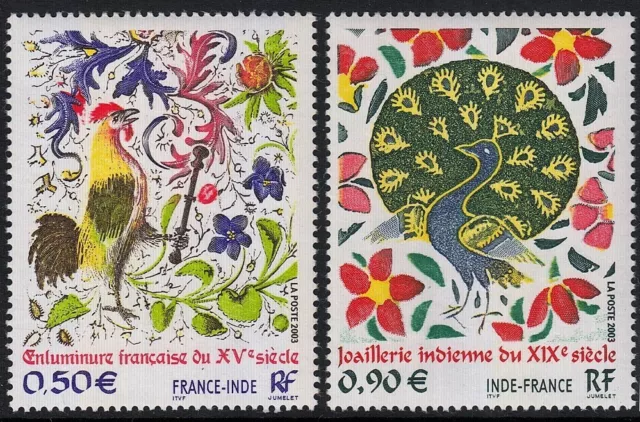 Edición conjunta 2003 montada 2 V, Francia India, aves, pintura, pavo real