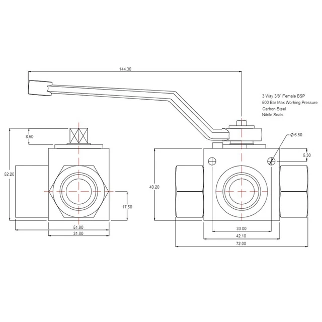 1PCS Hydraulic 3 Way High Pressure Ball Valve - 1/4" to 1" BSP - 500 Bar MWP