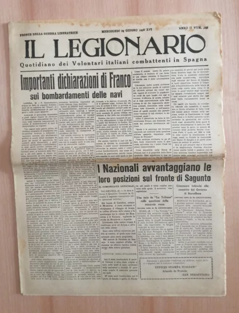Il Legionario Quotidiano Volontari Italiani Combattenti Spagna 29.06.1938 Ww2