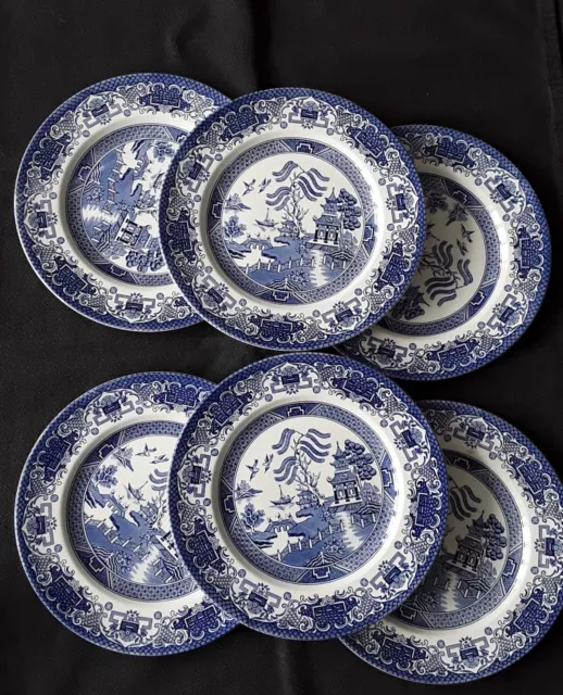 6 x English Ironstone Tableware Old Willow Blue & White Dinner Plates 10 "