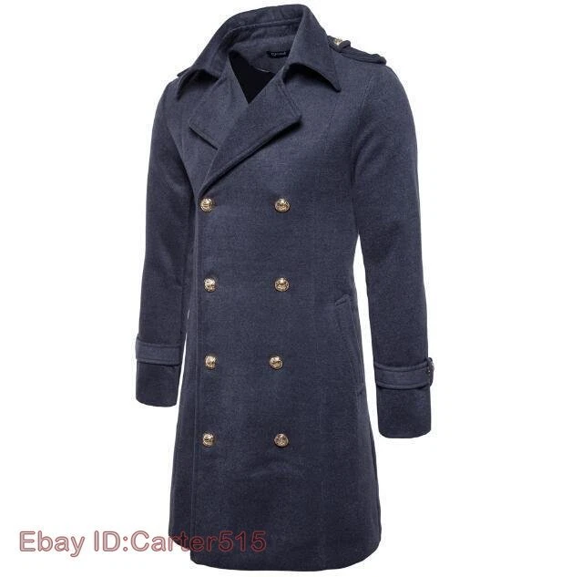 Men Woolen Long Jacket Trench Coat Double Breasted Overcoat Warm Outwear Winter