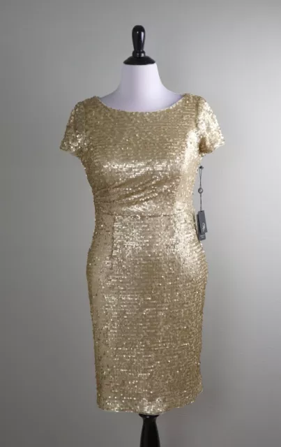 ADRIANNA PAPELL NWT $149 Gold Sequin Embellished Cocktail Dress Size 12