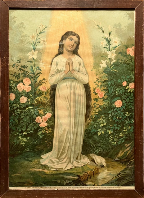 antikes Heiligenbild Jungfrau Lilien Rosen weisse Taube Bach Sonnenstrahlen