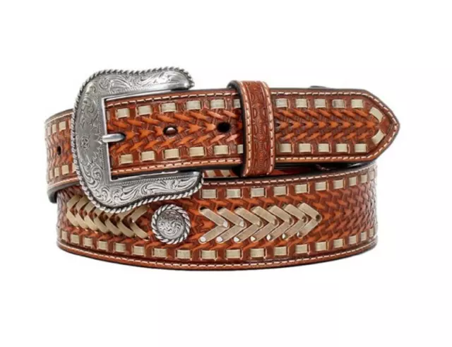 Nocona Belt Co. Men's Leather BASKET WEAVE WESTERN BELT w Floral conchos 8 SIZES