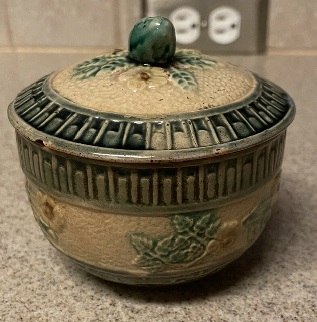 Antique Etruscan Majolica Pottery Yellow Flower Sugar Bowl Marked M13