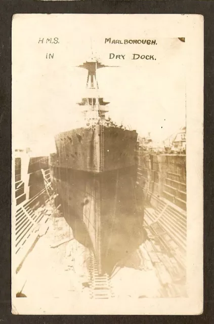 Real-Photo Pc:  H.m.s. Marlborough - British Navy Ww-1 Battleship - In Dry Dock