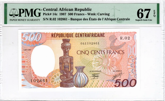 CENTRAL AFRICAN REPUBLIC 500 Francs 1987 UNC PMG 67 EPQ Banknotes P-14c Pfx R.02