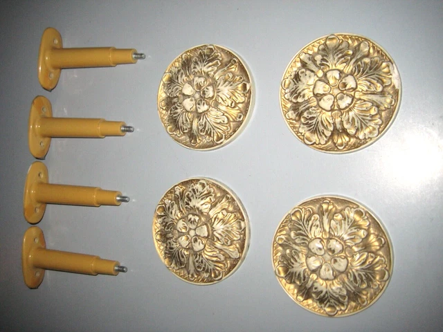 4 Vintage French Farmhouse Aluminum Flower Medallion Curtain Tie Backs