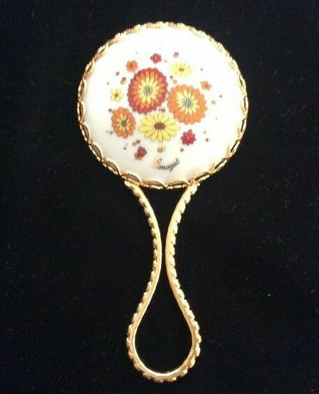 Miroir De Poche Ancien En Porcelaine De Limoges - Doré à Fleurs Violettes - Occasion Vintage