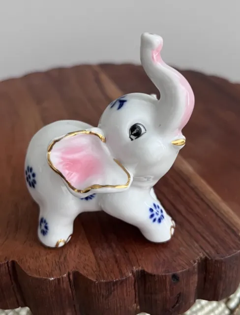 Small Blue And White Elephant With Touch Of Pink And Gold Gild