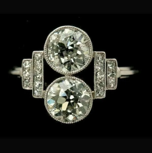 Vintage Art Deco Two Diamond Engagement Wedding 14k White Gold Finish Gift Ring