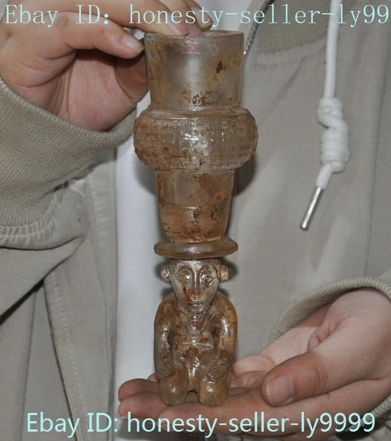 Old China Glass Carved Han dynasty Sacrifice Kneel People Goblet wineglass cup