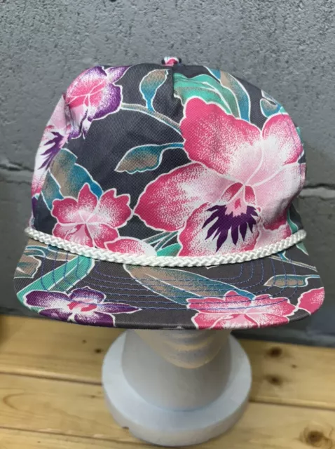 VTG San Sun Floral Hibiscus Tropical Nylon Mens Snapback Rope Hat