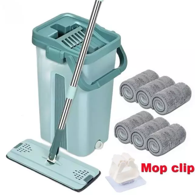 Flat Squeeze Mop with Bucket Hand Free Wringing Floor Cleaning Mop Microfiber Mo