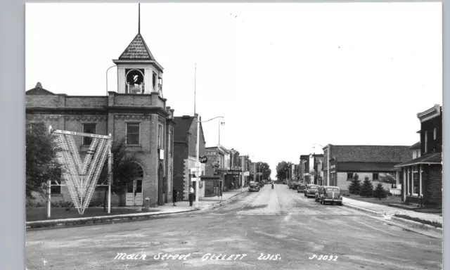 DOWNTOWN MAIN STREET gillett wi real photo postcard rppc wisconsin history