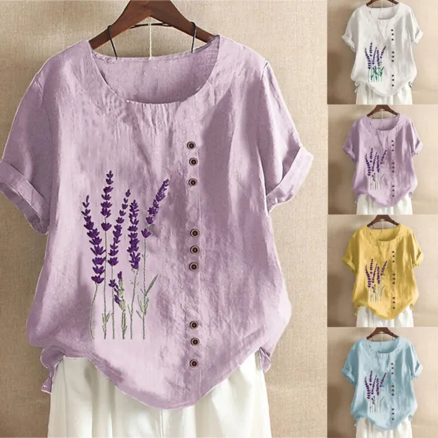 Women Lavender Flowers Printed Shirt Summer Cotton And Linen Loose Casual Blouse