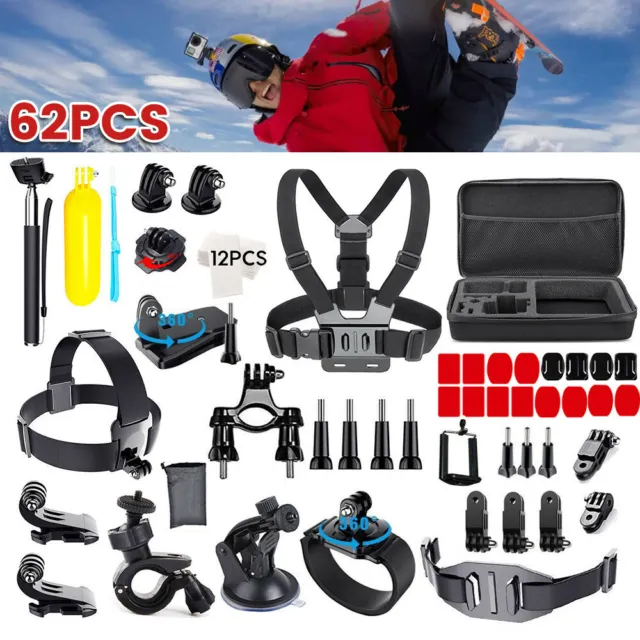 62Pcs Gopro Accessories Action Camera Accessory Kit Bundle Chest Strap Head Hero