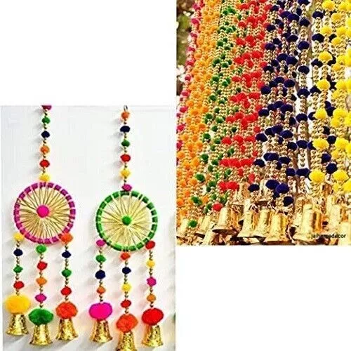 Indian Handmade Wall Hanging Pompom with Gota Circle Bells for Decoration