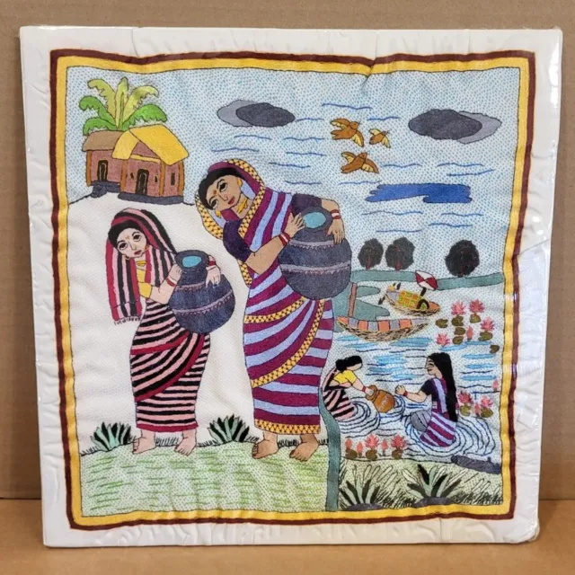 VTG • Aarong • Hand Embroidered • Silk Art Tapestry • 13"×13" • Bangladesh