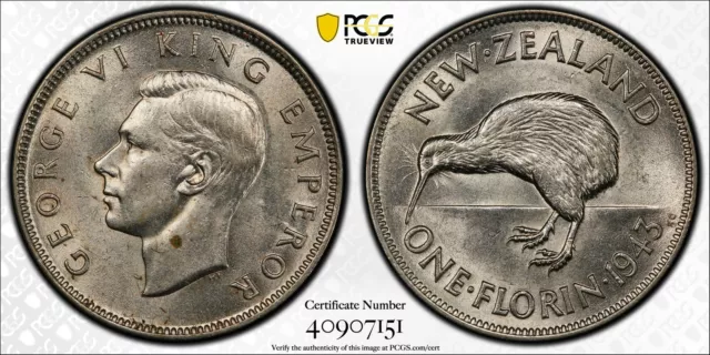 PCGS Graded AU58 New Zealand 1943 Florin 2/- Almost Uncirculated Silver Coin 3