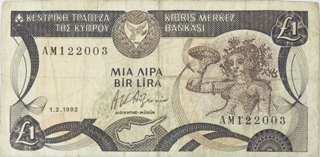 1992 CYPRUS 1 OLD CYPRIOT LIRA (POUND) BANKNOTE PRE EURO EU Κύπρος Kıbrıs EUROPE