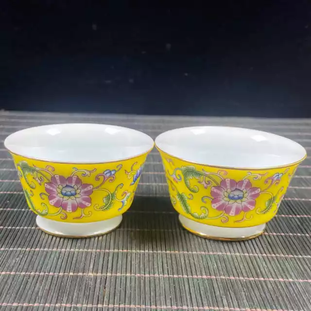 A Pair Chinese Enamel Color Porcelain Hand Painted  Flower Pattern Cups 90075