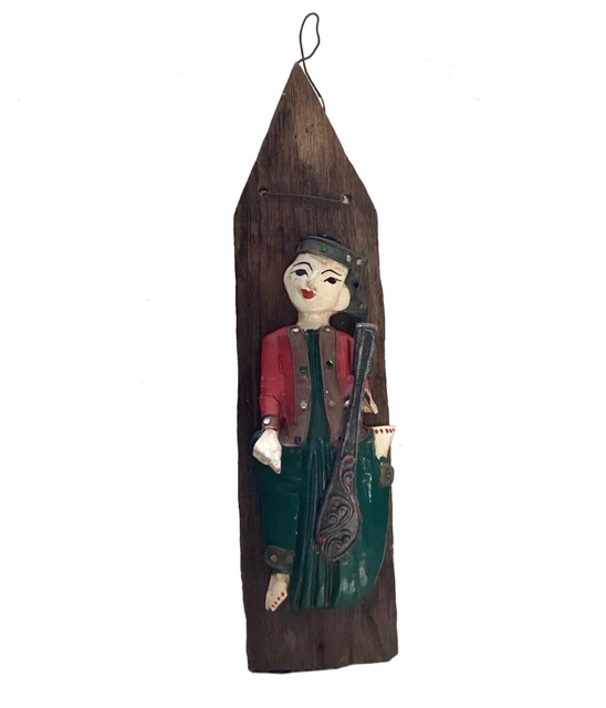 Burmese Musician Statue Wood Plaque Hanging Doll Figurine