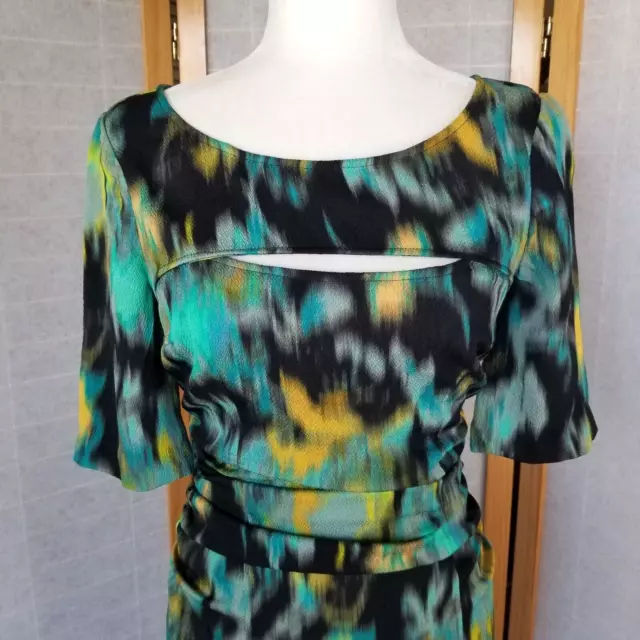 Tracy Reese Silk Dress Size 4 Water Color Midi Elbow Sleeves Lined Cut Out 2