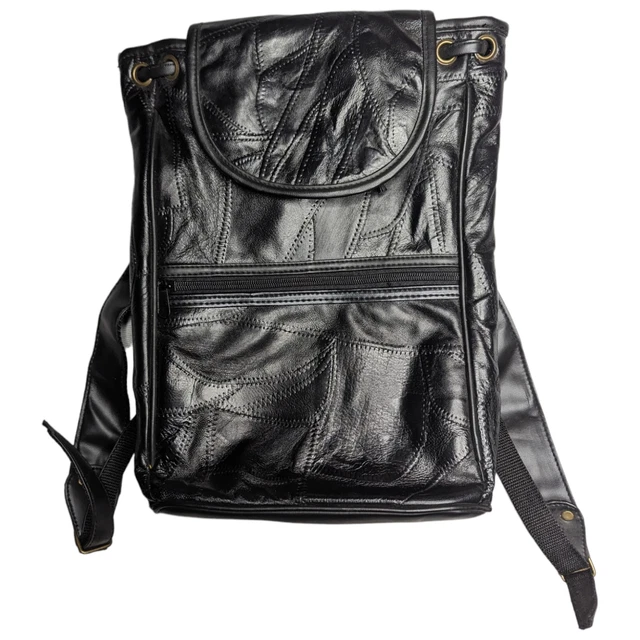 Vintage 1990s All Black Patchwork Leather Drawstring Top Flap Fashion Backpack