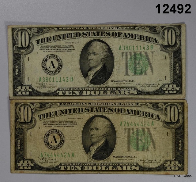 Lot Of 2 1934 A $10 Federal Reserve Notes Boston F-Vf Green Seal! #12492