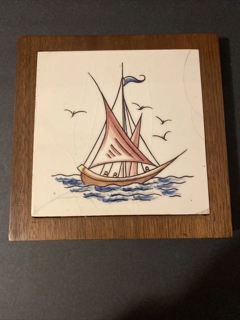 Vintage Portugese Wall Tile ~ Sailboat ~ Set In Wood frame ~ DAMAGED