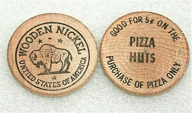 2 Vintage Wooden Buffalo Nickel Coin Pizza Huts Restaurant 1960's NOS