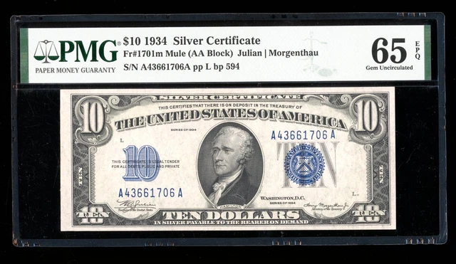 DBR 1934 $10 Silver Mule Gem Fr. 1701m PMG 65 EPQ Serial A43661706A