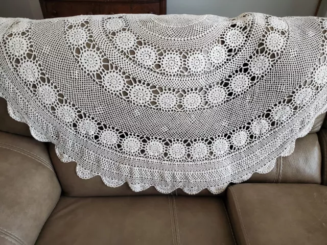 Beautiful Vtg. Large Hand Crochet Round Ecru 52 " Tablecloth with Scalloped Hem