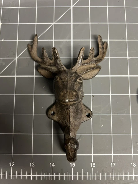 Antique Cast Iron Wall Hooks Brown 3D Elk Deer Coat Hat Towel Hanging Vintage
