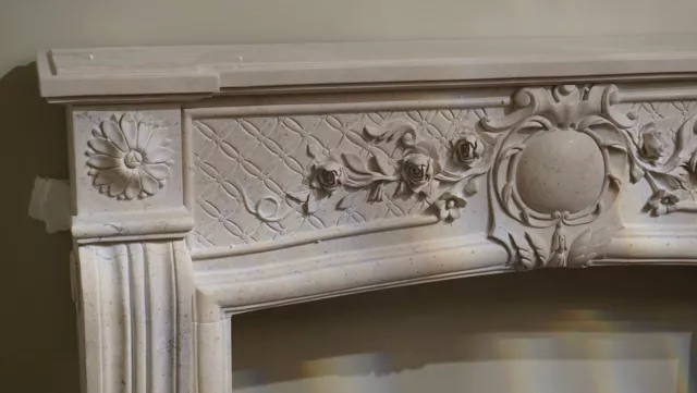 Beige Solid Marble Fireplace Mantel Hand Carved 56"W x 43"H 2