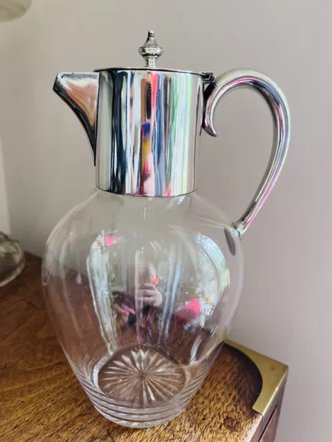 1889 Antique Victorian Elkington & Co Silver & Glass Claret Wine Jug 225mm Tall