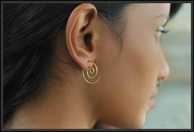Small Spiral Earrings Simple Girl Tribal Gold Brass Ethnic Women Funky Jewelry