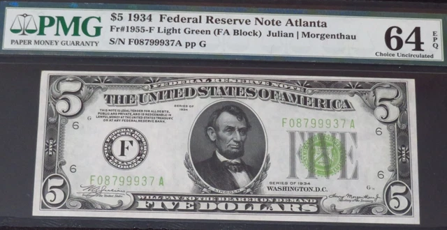 Atlanta LGS. LIGHT GREEN SEAL. $5 1934 Atlanta FRN. PMG 64 EPQ. Tough Note
