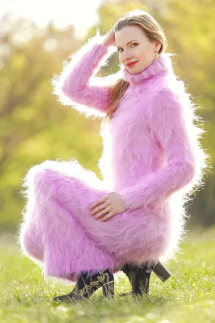 SuperTanya pink long mohair sweater dress fuzzy wool fluffy hand knit gown
