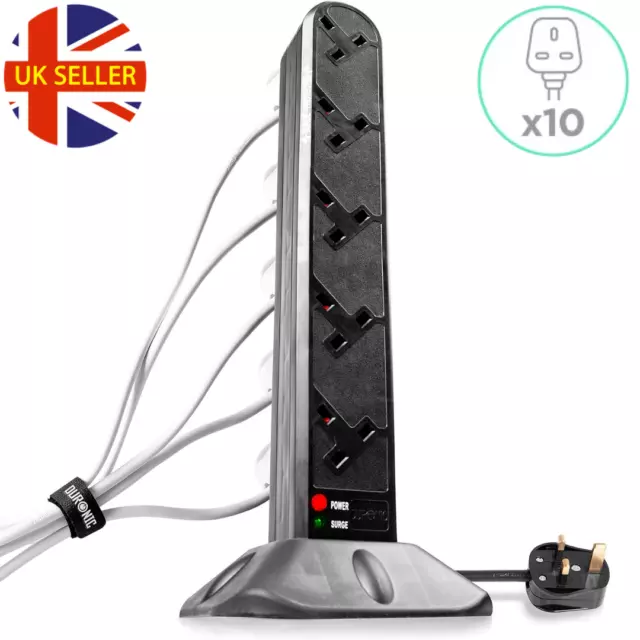 UK Mains Surge Protected Extension Lead Cord Cable Tower 10 Plug Extension Plug