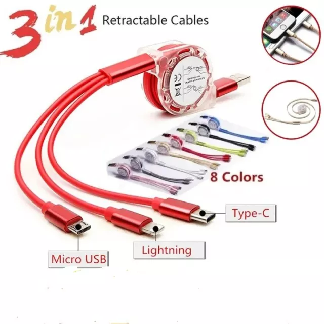3 in1 Retractable Multi USB data Charger Charging Cable for iPhone 14 13 12 11