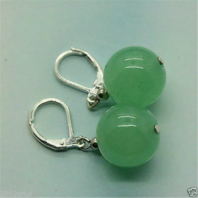 Beautiful Tibet Silver 12mm Green jade gemstone Earrings Art Minimalist Crystal