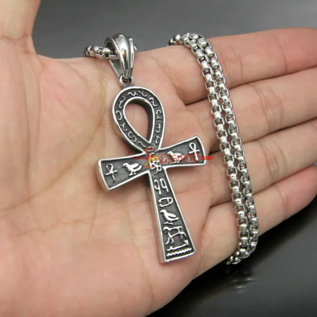 Mens Large Stainless Steel Egyptian Coptic Ankh Cross Religious Pendant Necklace