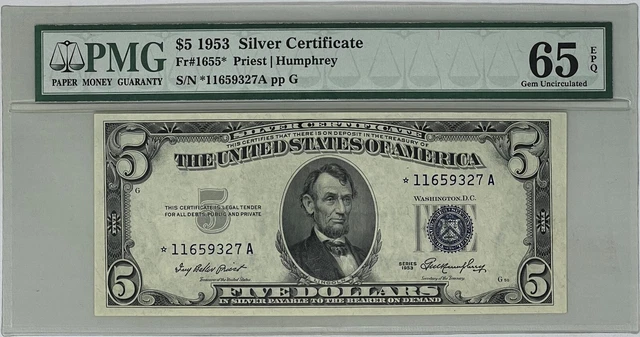 1953 Fr. 1655* Star Note $5.00 Silver Certificate, PMG 65-EPQ GEM Uncirculated
