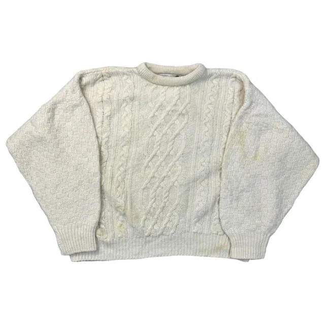 Vintage Ireland Aran Knit Jumper Fishermans 100% Wool Beige Sweater Womens 3XL