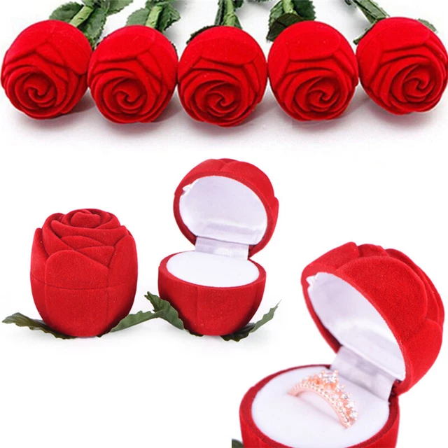 Red Rose Flower Velvet Jewelry Storage Box Engagement Ring Display Case B.R1
