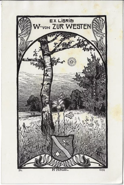 HERMANN HIRZEL: Exlibris für W. von Zur Westen, Birke auf Blumenwiese, 1899