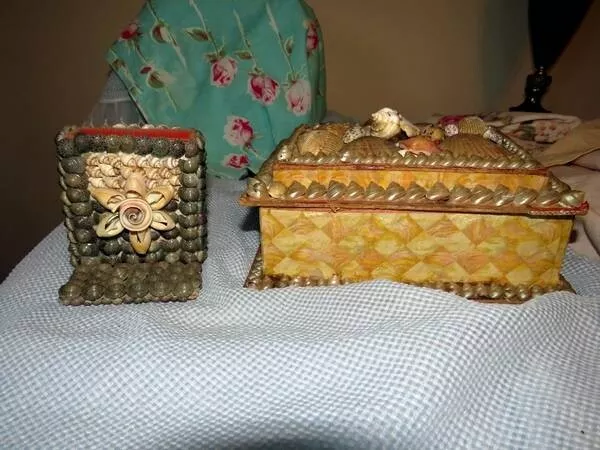 Pair Of Handmade Antique Sailor's Valentine Sea Shell Art Boxes & Pencil Holder