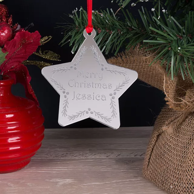 Personalised First Name Mirror Christmas Tree Star Decoration Bauble Gift